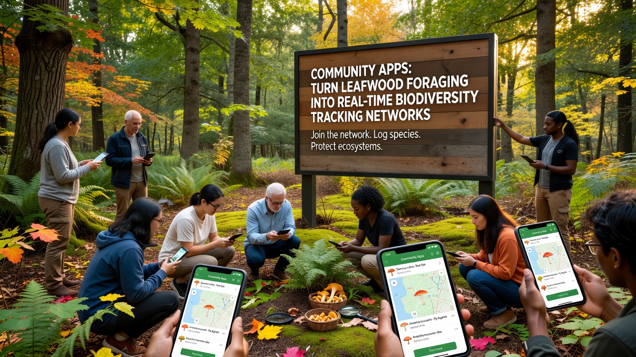 Map interface on a tablet showing real-time biodiversity tracking points from leafwood foraging activities across multiple forest sites